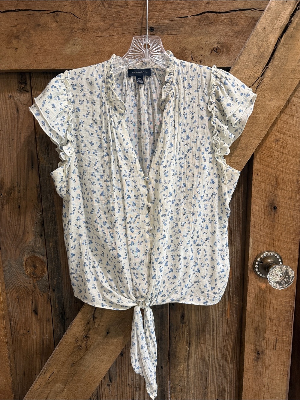 Soft White & Blue Floral Ruffle Tie-Front Blouse Medium